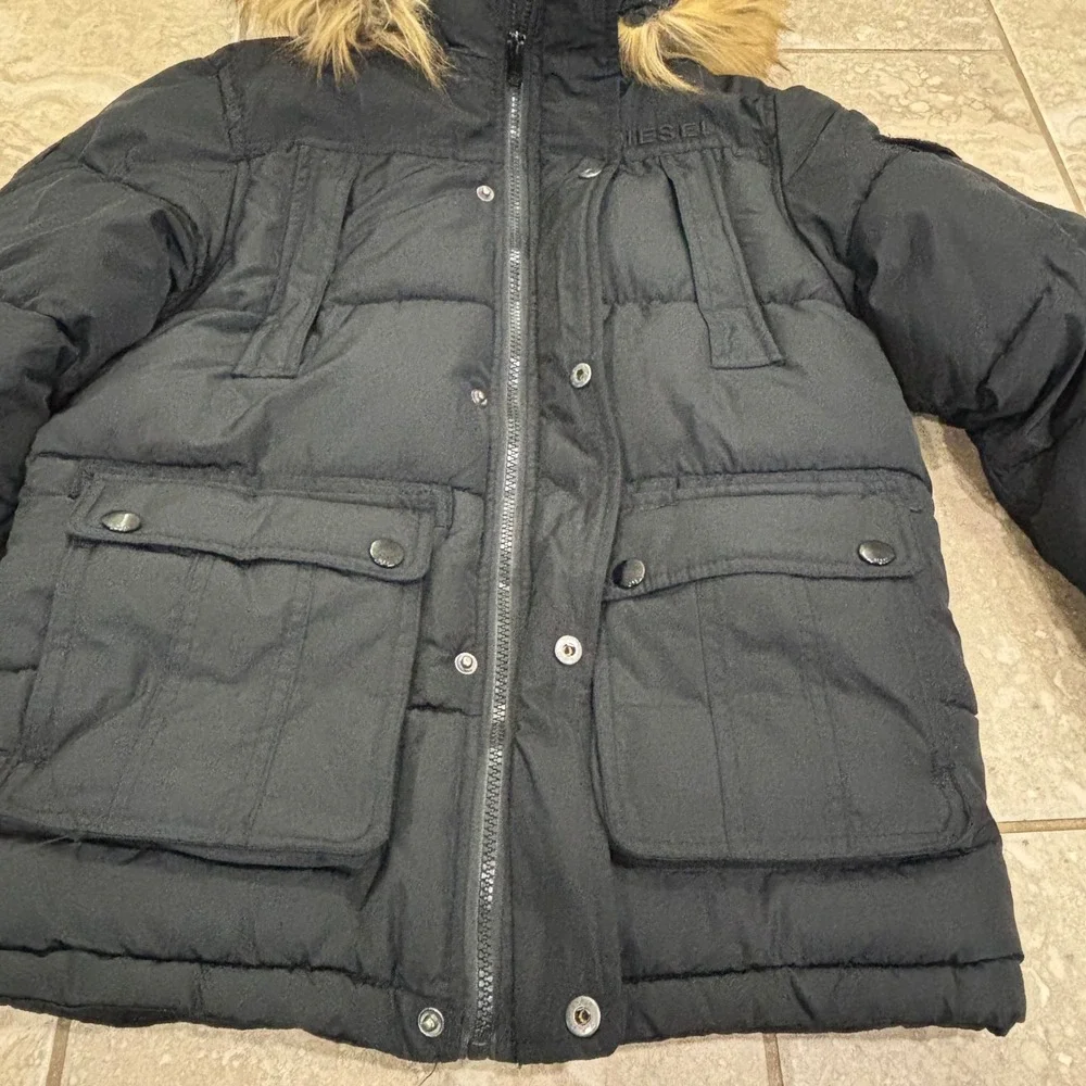 Diesel Kids Black Puffer Parka Jacket Faux Fur Hood Sherpa Lined Size M 10/12